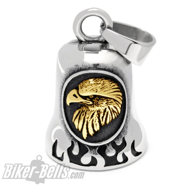 Edelstahl Biker-Bell mit goldenem Adler Motorradfahrer Glücksbringer Eagle Glocke